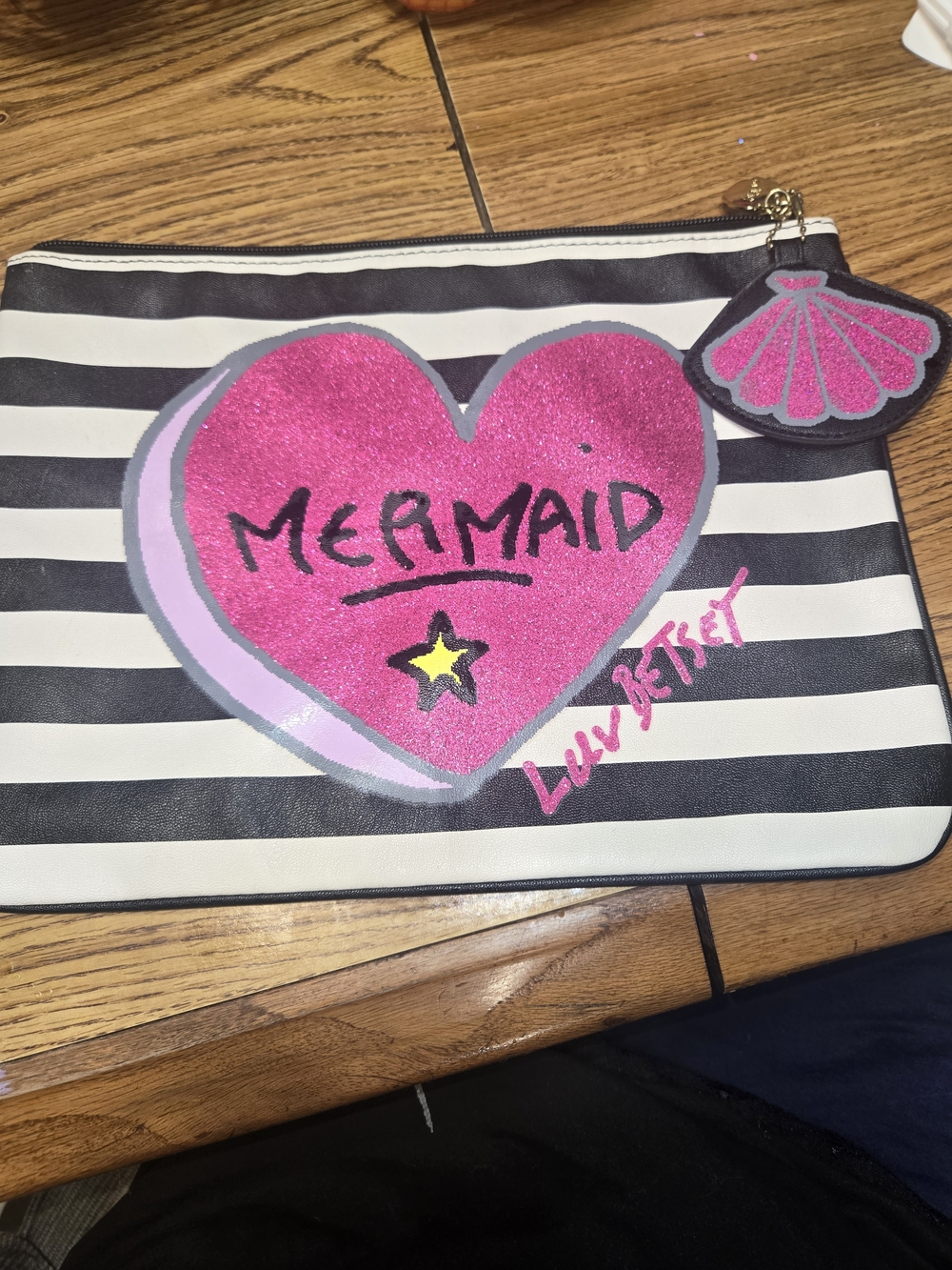 Betsy Johnson/Luv Betsy. Mermaid Heart Stripe Cosmetic Pouch - Pink and Black